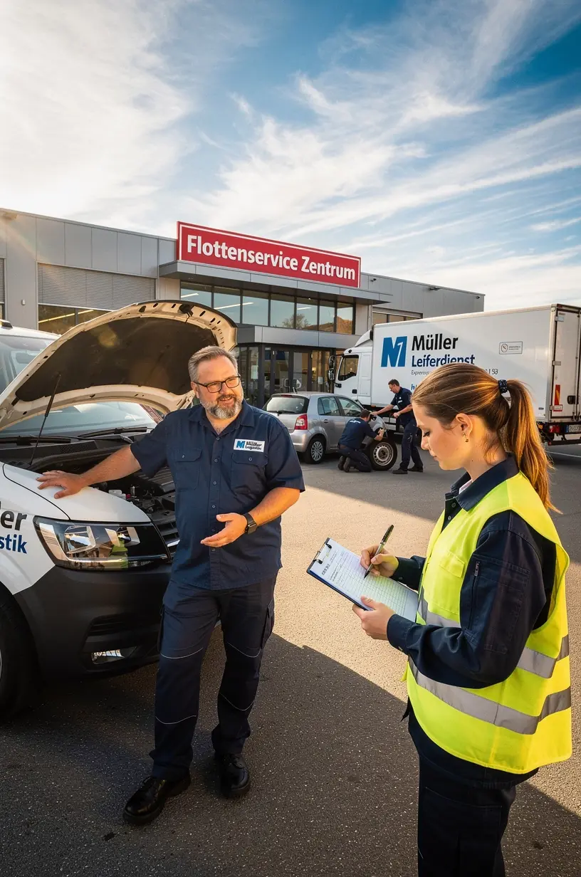 Techniker bei der Inspektion eines Nutzfahrzeugs in einer spezialisierten Werkstatt für Flottenfahrzeuge.
